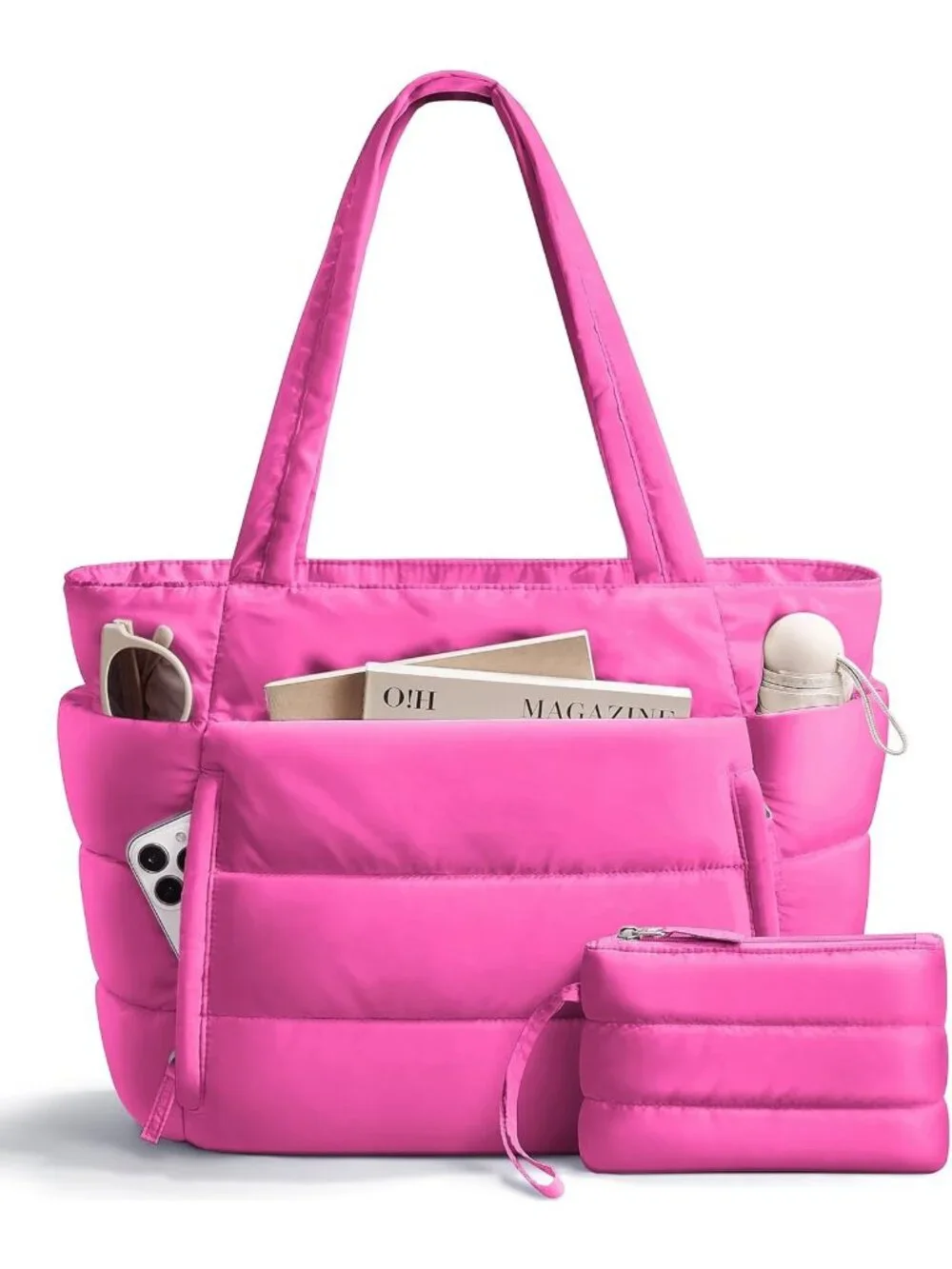 👜Women's Hot Pink Puffer Tote Bag 16 Pockets Work Gym Travel Laptop Handbag